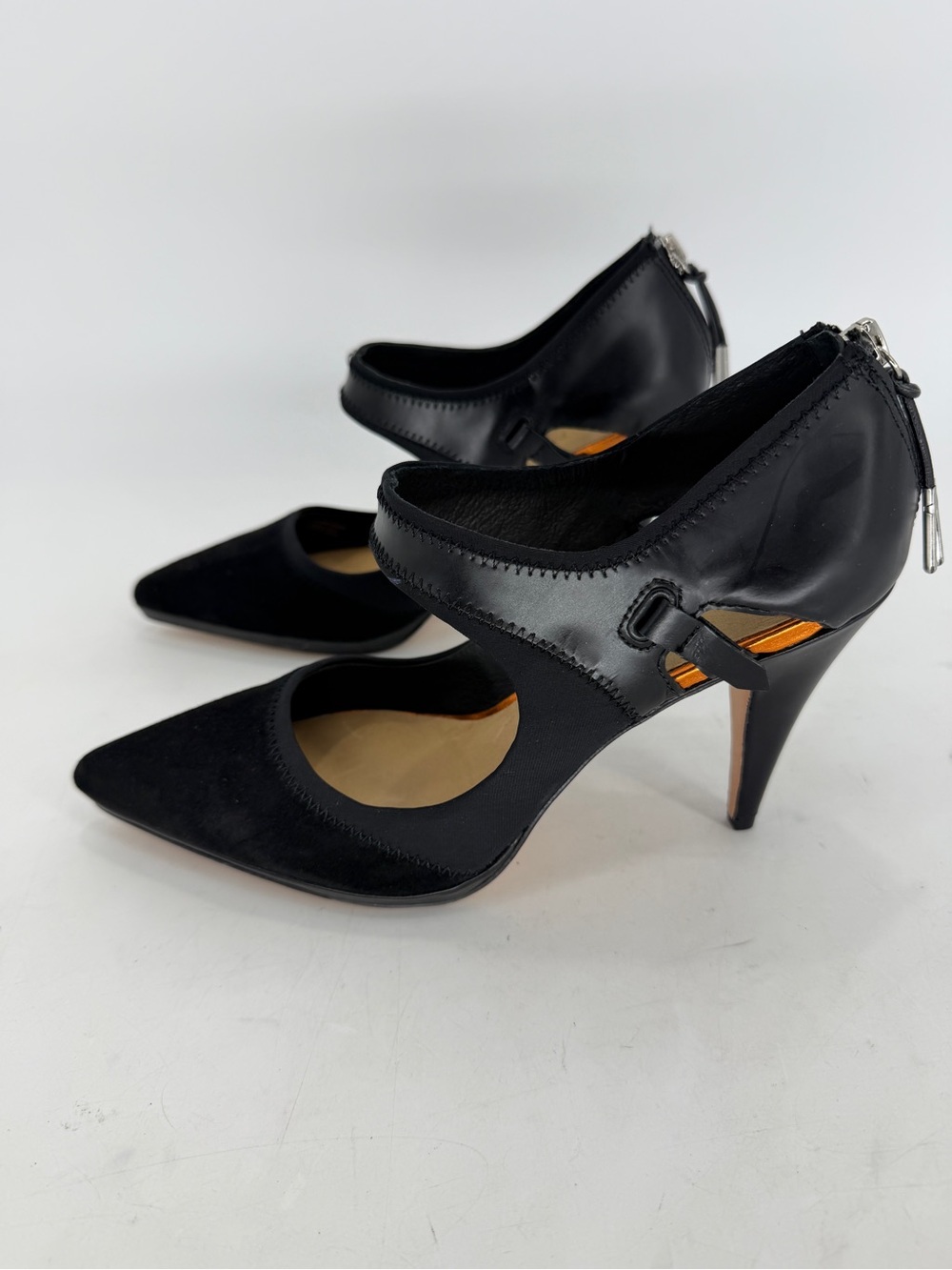 L.A.M.B. Black Leather & Suede KELLSIE Mary Jane Back Zip Heel Size 9